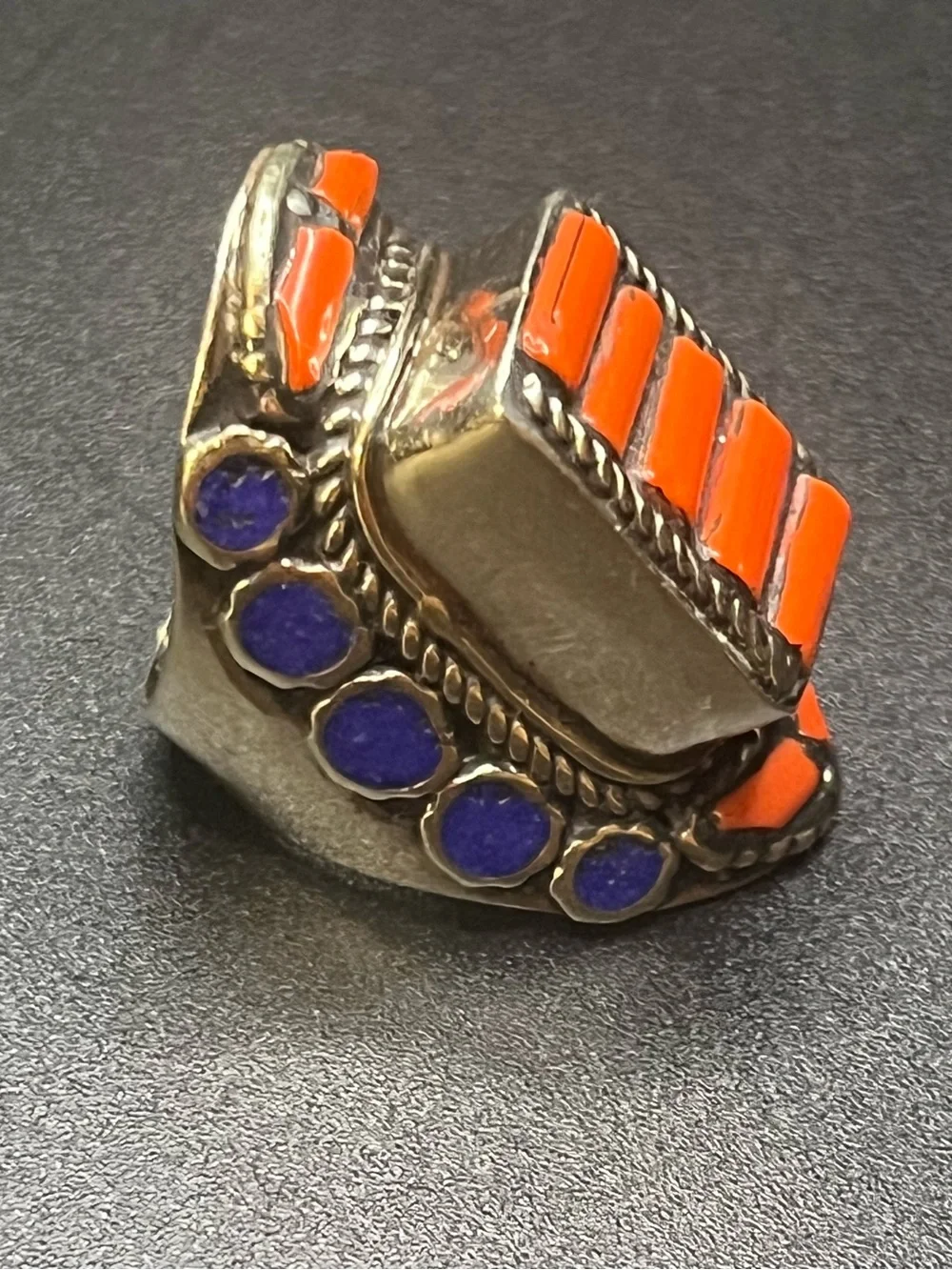Southwestern Style Orange blue Inlay Statement Ring. Unmarked, not tested